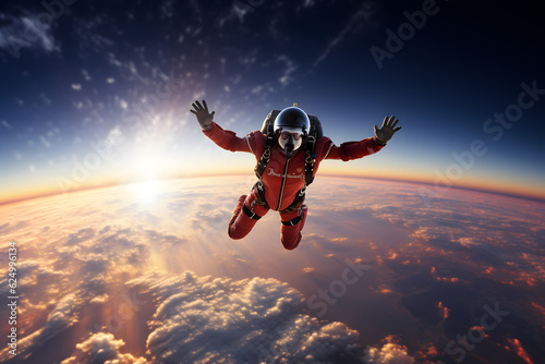 Fotótapéta Skydiver in action from the space, Parachutist skydiving above the clouds from t