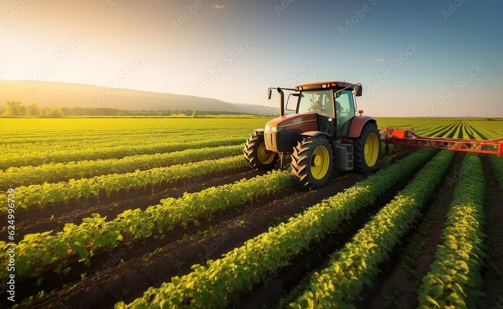 A tractor sprayed crops in a field at sunset, generative AI A tractor sprayed crops in a field at sunset, generative AI