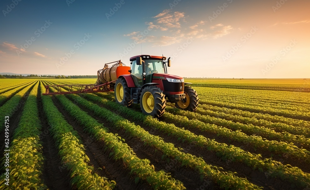 A tractor sprayed crops in a field at sunset, generative AI A tractor sprayed crops in a field at sunset, generative AI
