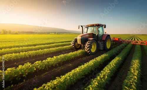 A tractor sprayed crops in a field at sunset  generative AI