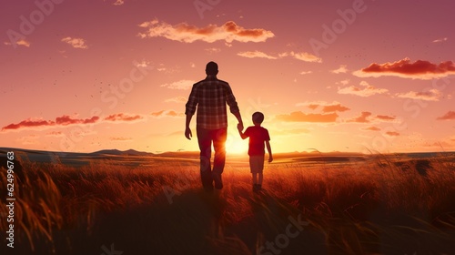 A man and his son are walking through a field, generative AI