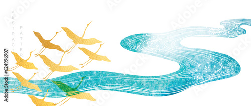 Chinese cloud and waeter decorations with blue and gold watercolor texture in vintage style. Abstract art landscape with Crane birds and ocean sea with hand drawn wave elements