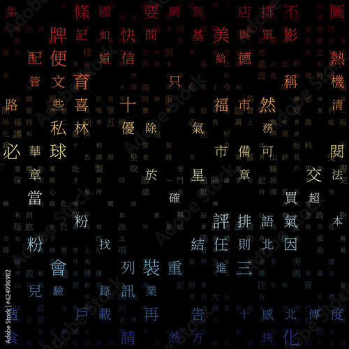 Futuristic background. Random Characters of Chinese Simplified Alphabet (Hong Kong). Gradiented matrix pattern. Red yellow blue color theme backgrounds. Tileable horizontally.