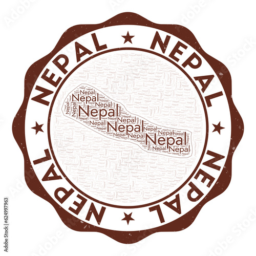 Nepal logo. Artistic country badge with word cloud in the shape of Nepal. Round emblem with country name. Creative vector illustration.