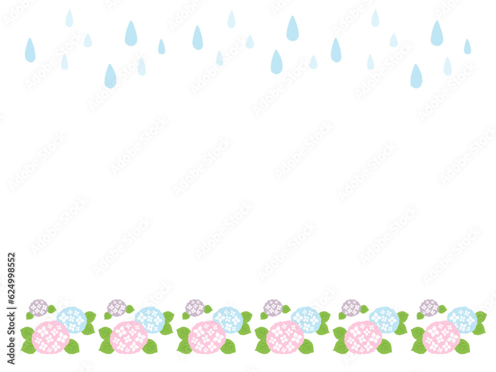 かわいい夏の紫陽花と雨のフレーム／手書きイラスト