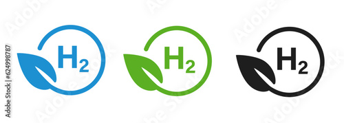 Hydrogen H2 fuel alternative environmental friendly leaf round symbol in blue green black color