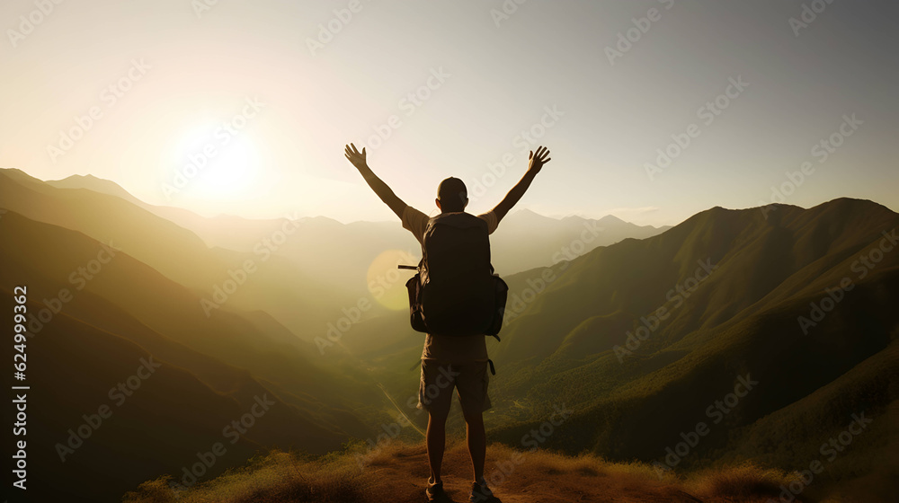a young hiker carrying backpack with raised hands standing on the mountain face to sunrise. AI generative image. a young hiker carrying backpack with raised hands standing on the mountain face to sunrise. AI generative image.