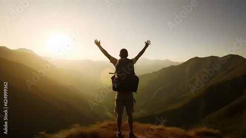 a young hiker carrying backpack with raised hands standing on the mountain face to sunrise. AI generative image.  © Naige