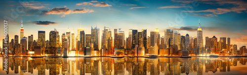 Art illustration of a panoramic view of the manhattan skyline in NYC. The tall skyscrapers dominate the downtown horizon with a golden light. © jonathon