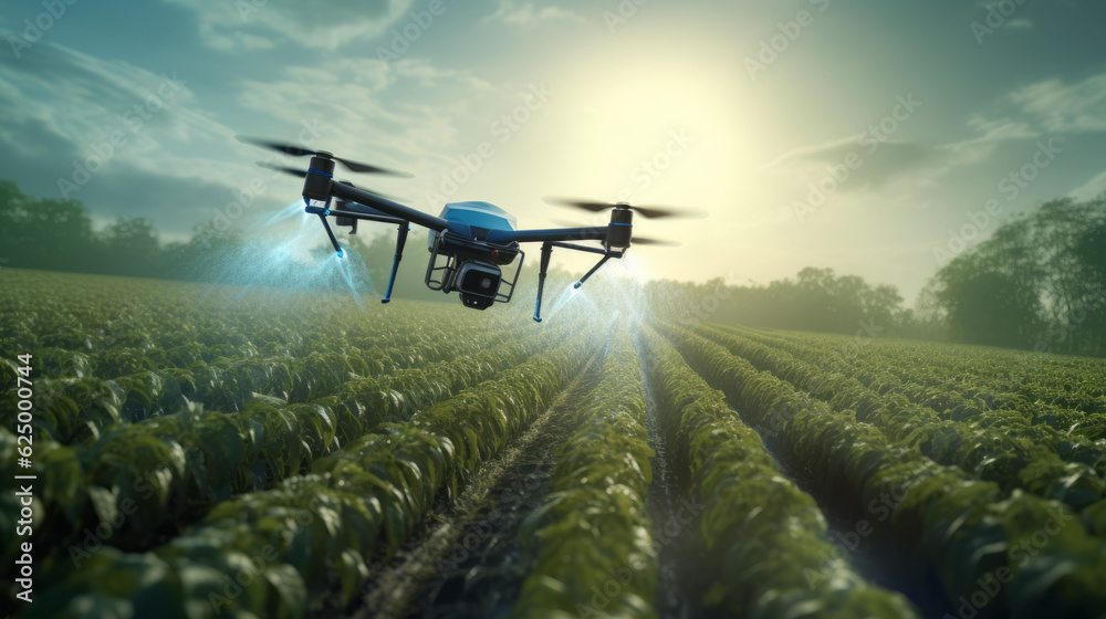 A drone spraying crops in a precision agriculture setting, illustrating the role of technology in optimizing farming practices.Background A drone spraying crops in a precision agriculture setting, illustrating the role of technology in optimizing farming practices.Background