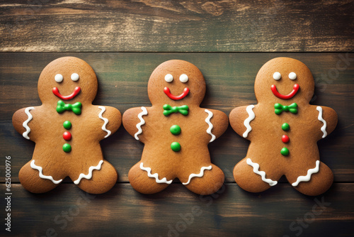 Three Christmas gingerbread man cookies on wooden table, Generative AI