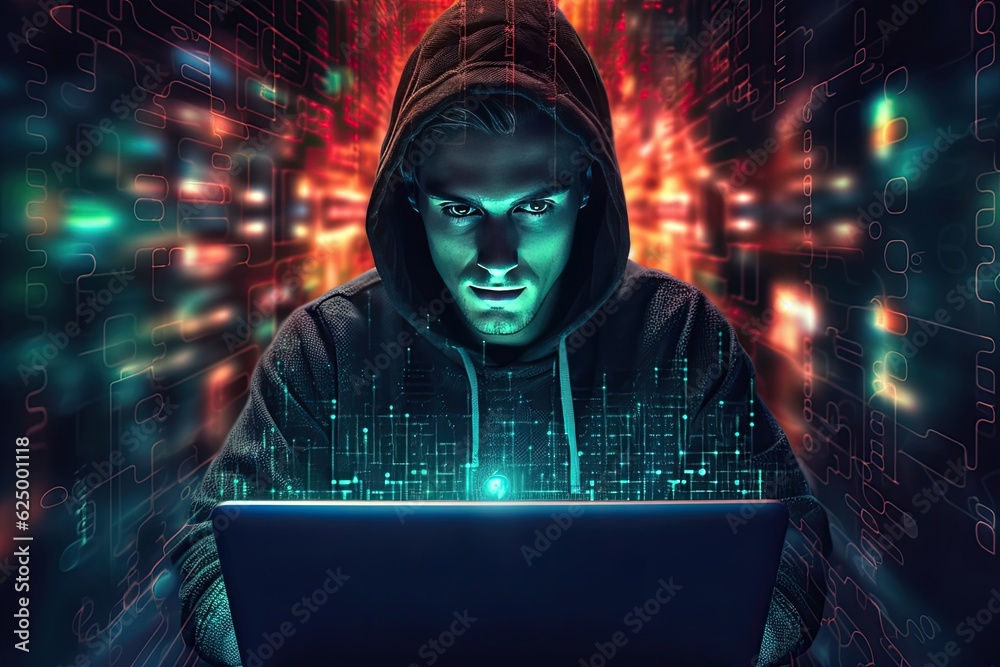 Obraz premium A Hacker using abstract laptop with binary code digital interface. Double exposure. Hacker. Generative Ai