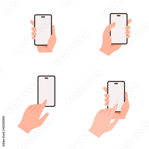 Human hands hold the mobile phone with a blank screen set vector illustration. Cartoon arms touch the device with fingers. Communication, internet concep