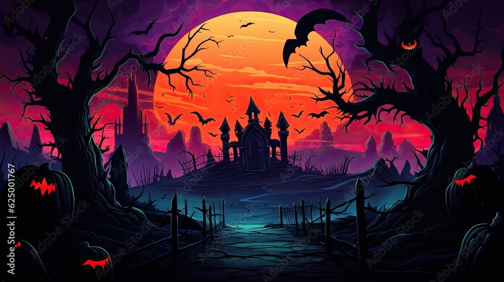 Dark Spooky Halloween background with haunted house, full moon, pumpkins and trees. AI illustration..