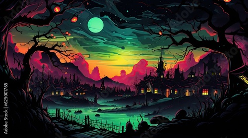 Dark Spooky Halloween background with haunted house, full moon, pumpkins and trees. AI illustration..