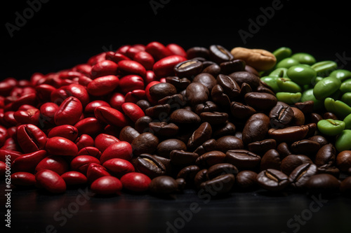 A mix of red, green and black coffee beans © Veniamin Kraskov