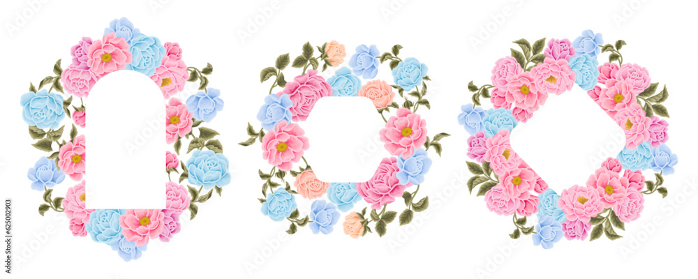 Flower frame and wreath illustration arrangements with colorful rose, peony, floral bud, and green leaf branch elements for wedding card, invitation, decoration