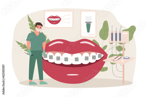 Dentist fixing teeth with braces vector illustration. Orthodontic procedures for mouth health, doctor using medical equipment to treat dental problems. Dental procedures, health care concept