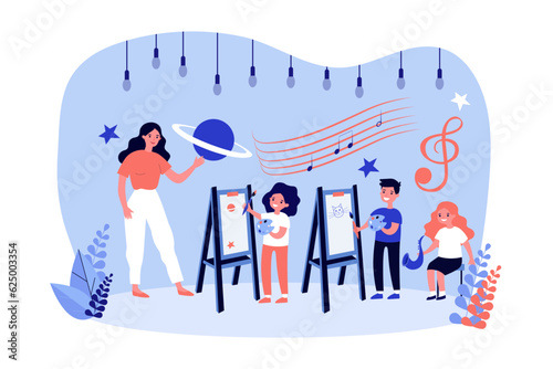 Happy children learning arts vector illustration. Teacher teaching talented students art, painting courses in school, kids playing music instruments. Education, creativity concept