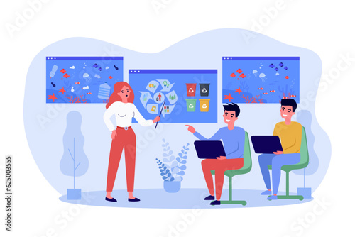 Students learning about sustainability vector illustration. Teacher explaining environment issues, garbage sorting and nature conservation in class. Ecology, education concept