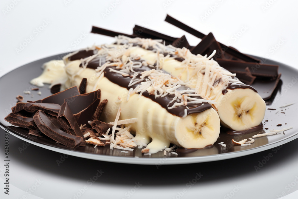 a plate of sliced ​​bananas with melted chocolate on a white background