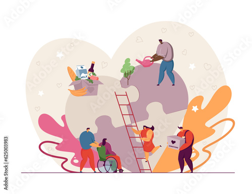 Tiny volunteers helping society vector illustration. Drawing of people giving donations, assisting persons with disability, donating food, gardening. Human community, charity, assistance concept