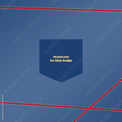Kid's denim design with a pocket with red lines. Denim background with red lines and pocket for books, flayer, packaging, boxes, and print design. Vector. Children style.