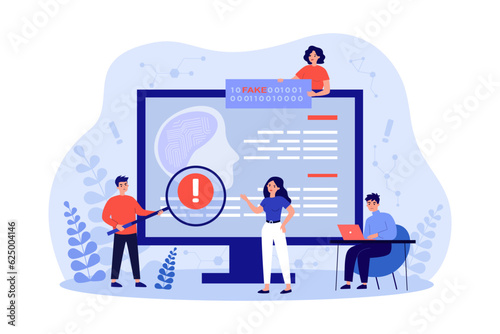Team of people searching for disinformation vector illustration. Cartoon drawing of journalists finding fake news online, huge screen. Artificial intelligence, technology, disinformation concept