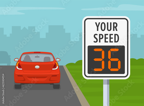 Close-up of radar sign. Back view of car on city road with speed limit sign. Flat vector illustration template.