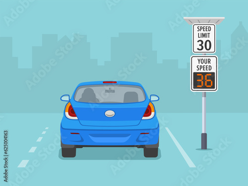 Isolated back view of a car on road with speed limit and radar sign. Flat vector illustration template.