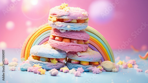 Rainbow Themed Sugar Cookies in Vibrant Hombre Hues Against Colorful Pastel Backgrounds with Whimsical Decorations and Studio Lighting - Generative AI