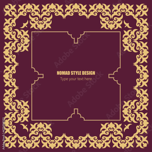 Square Frame. Template for your design. Ornamental elements and motifs of the peoples of the Great Steppe, Mongols, Kyrgyz, Kalmyks, Buryats, Uzbek, national Asian decor for packaging and print design