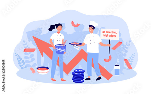 Cooks fighting against high prices on pasta vector illustration. Drawing of male chef holding placard with no selection, high prices text, cost increase of food. Inflation, food, strike concept