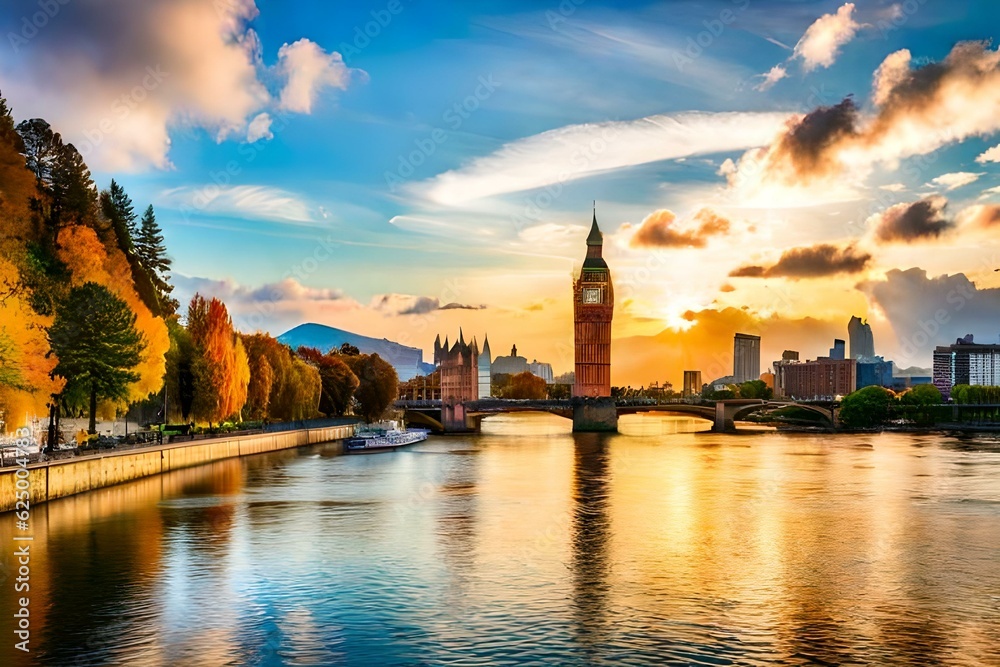 Obraz premium city skyline at sunset, city park view