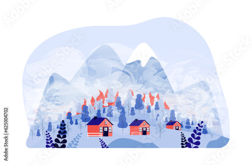 Burning trees in forest hear houses Vector illustration. Drawing of smoke due to forest fire or wildfire, unhealthy air in mountains. Ecology, air pollution, natural disaster, climate change concept