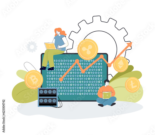 People mining cryptocurrency using laptops vector illustration. Cartoon drawing of man and woman farming digital currency. Cryptocurrency, technology, finances, investment, ecommerce concept
