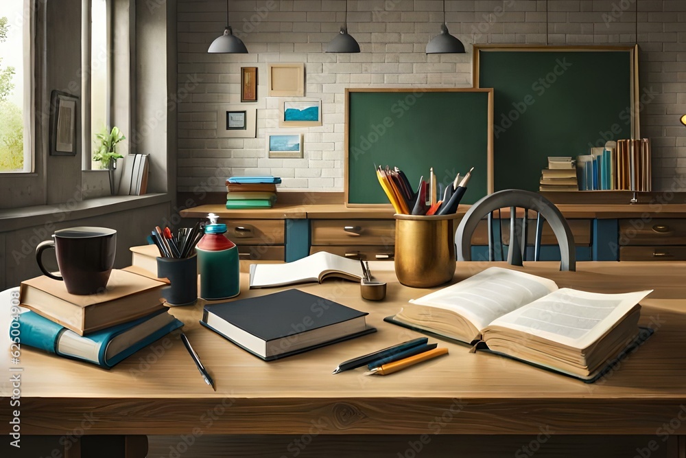 stationery stuff , green board and books on the table stationery stuff , green board and books on the table