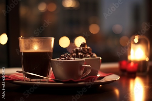 Coffee cup and chocolate candies on a table at night. Generative AI technology.