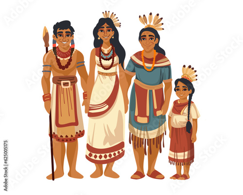 Native american indians in traditional clothes, vector illustration