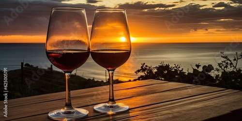 Beach holiday. Sunset landscape background with wine glass on wooden table by sea