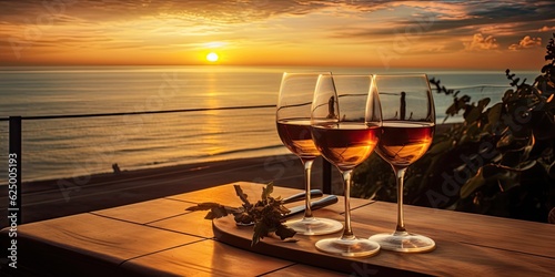 Beach holiday. Sunset landscape background with wine glass on wooden table by sea