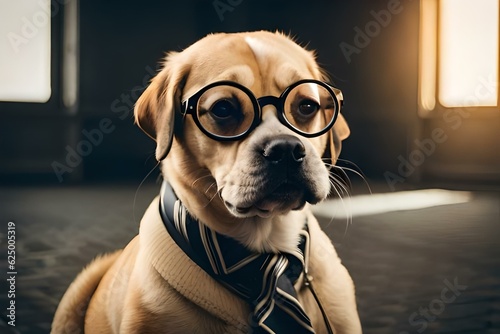 dog wearing glasses and tie 