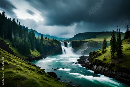 Experience the mesmerizing beauty of a top view of a waterfall set against a dramatic background. The waterfall plunges down from rocky cliffs  creating a powerful display. generated by AI tools.