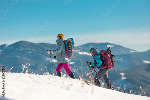 Tourists travel together in the mountains in winter. two girls snow-capped mountains.