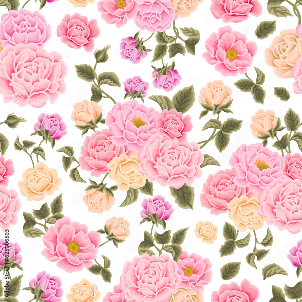 Flower seamless pattern illustration with colorful rose, peony, floral bud, and green leaf branch elements