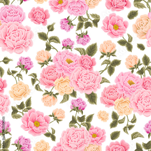 Flower seamless pattern illustration with colorful rose  peony  floral bud  and green leaf branch elements