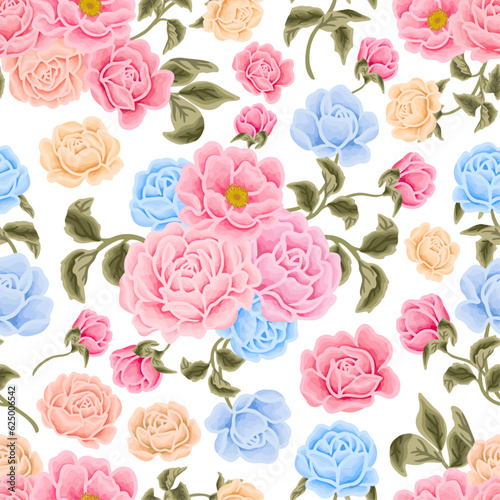 Flower seamless pattern illustration with colorful rose, peony, floral bud, and green leaf branch elements for wedding card, invitation, decoration