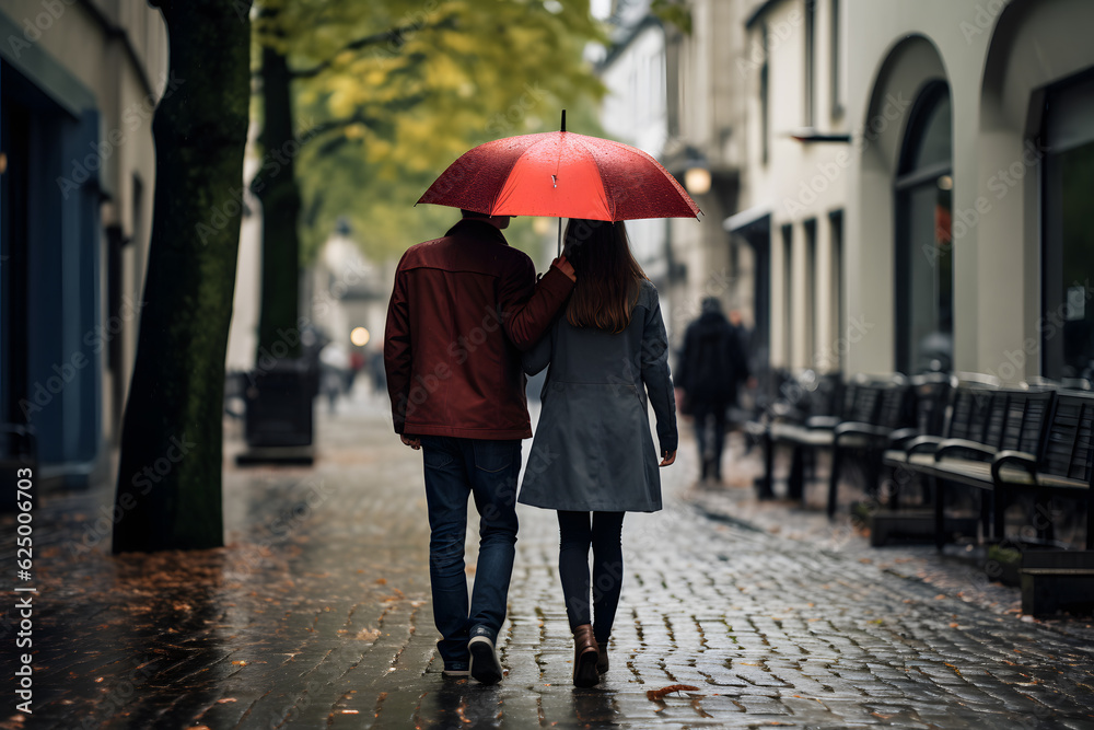 A couple walking hand in hand under an umbrella