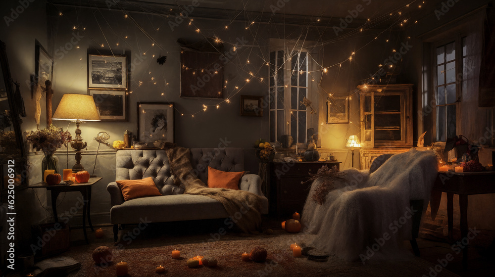 Living room is decorated for Halloween. Generative AI