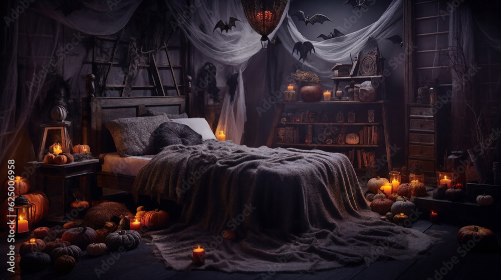 Naklejka premium Bedroom is decorated in Halloween style. Generative AI